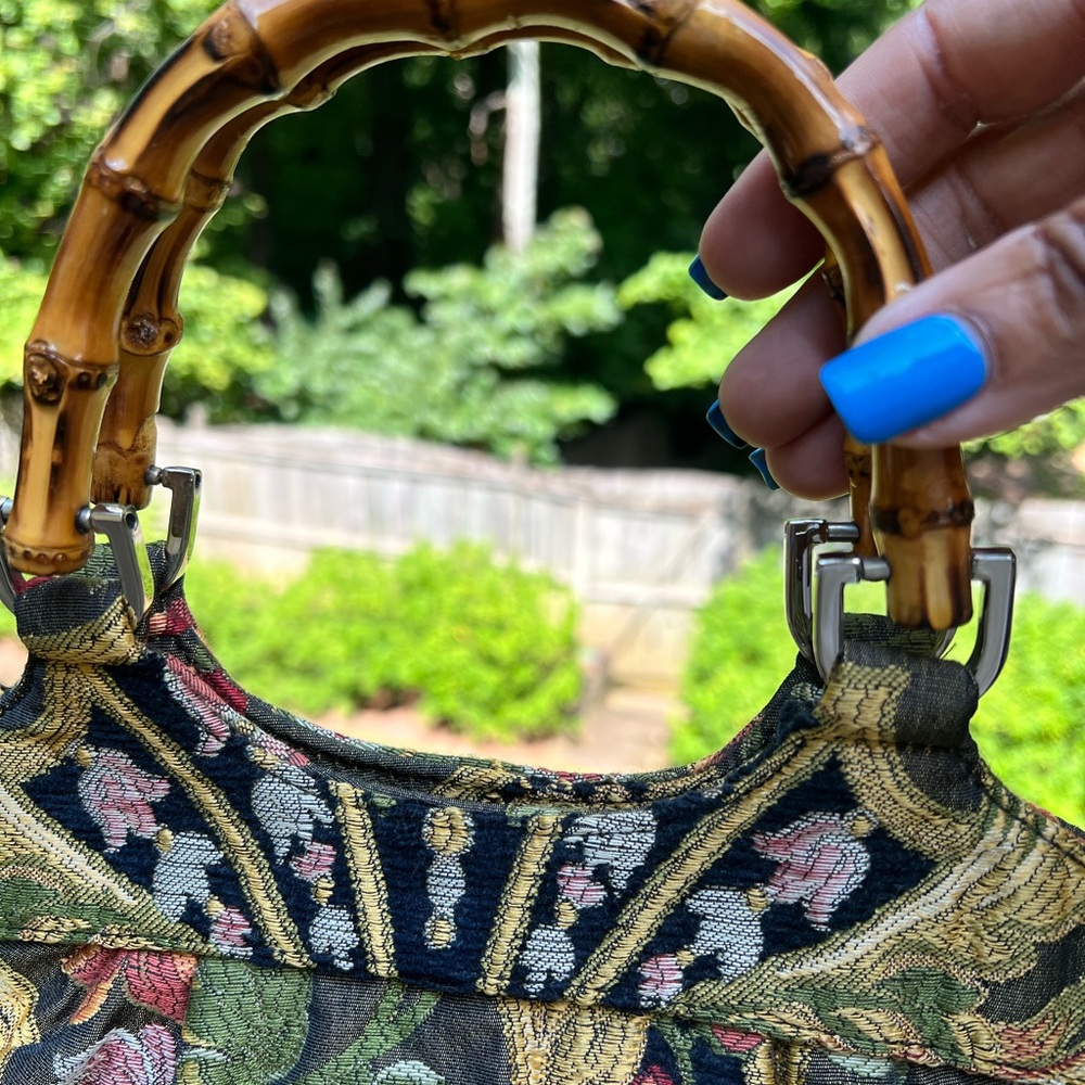 Vtg 90s Talbots Tapestry Handbag Bamboo Handles - Picture 4 of 6